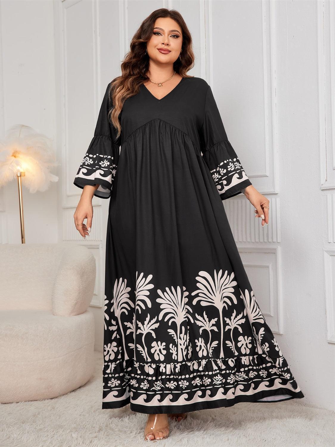 Honey Plus Size Printed V-Neck Long Sleeve Maxi Dress - ClubOn