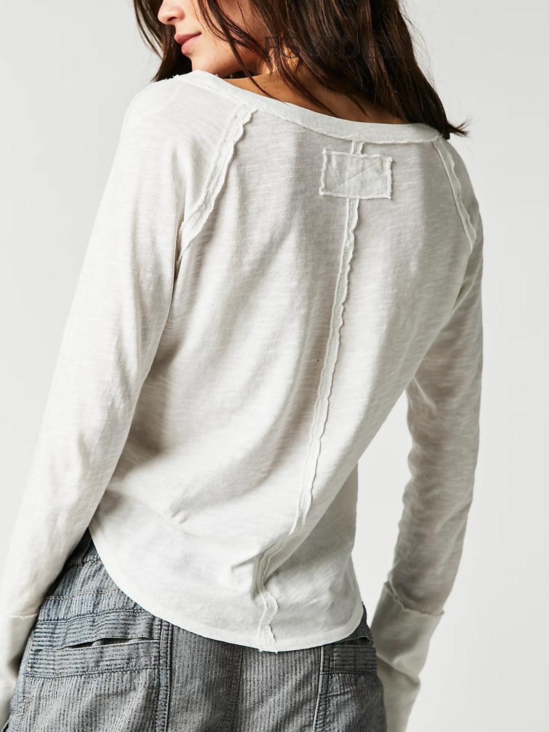 Exposed Seam Notched Long Sleeve T-Shirt - ClubOn