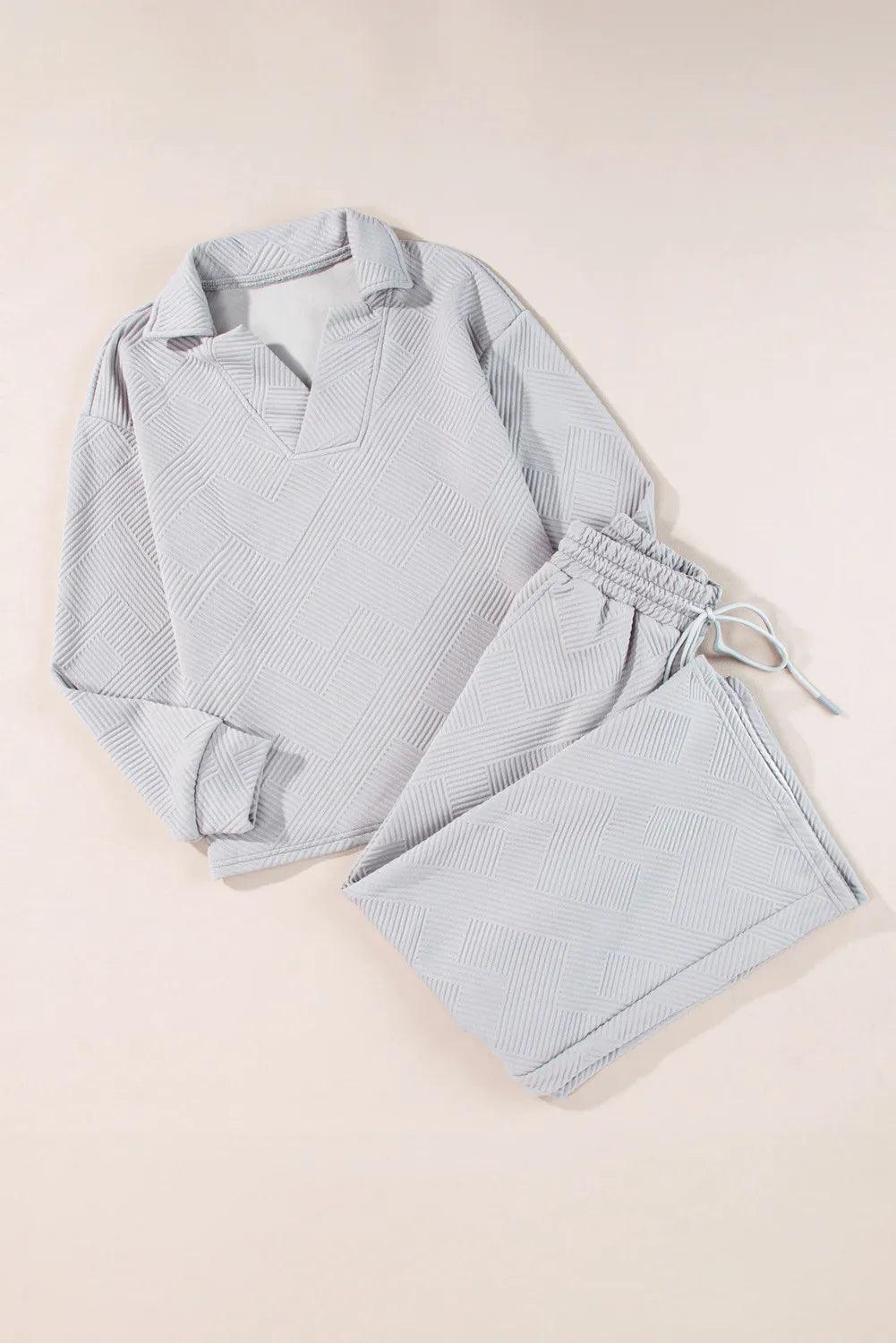 Textured Long Sleeve Top & Drawstring Pants Set - ClubOn