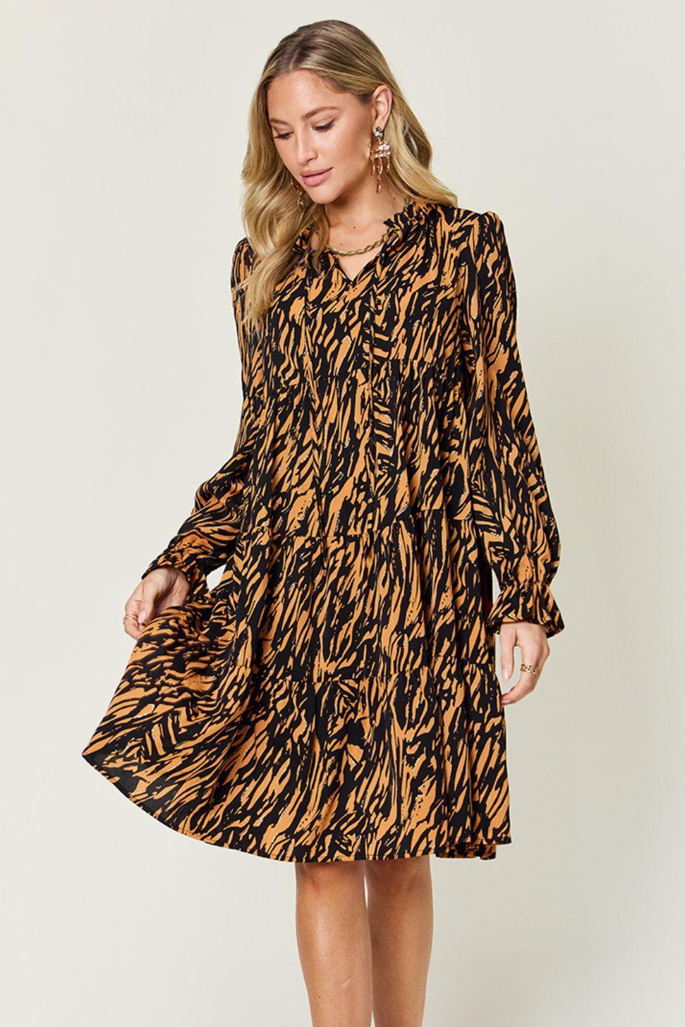 Double Take Full Size Printed Ruffle Hem Long Sleeve Dress - ClubOn