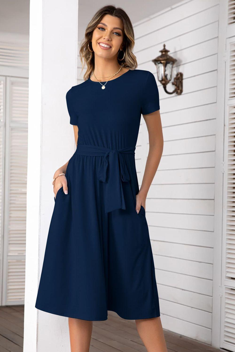 Belted Tee Dress With Pockets - ClubOn