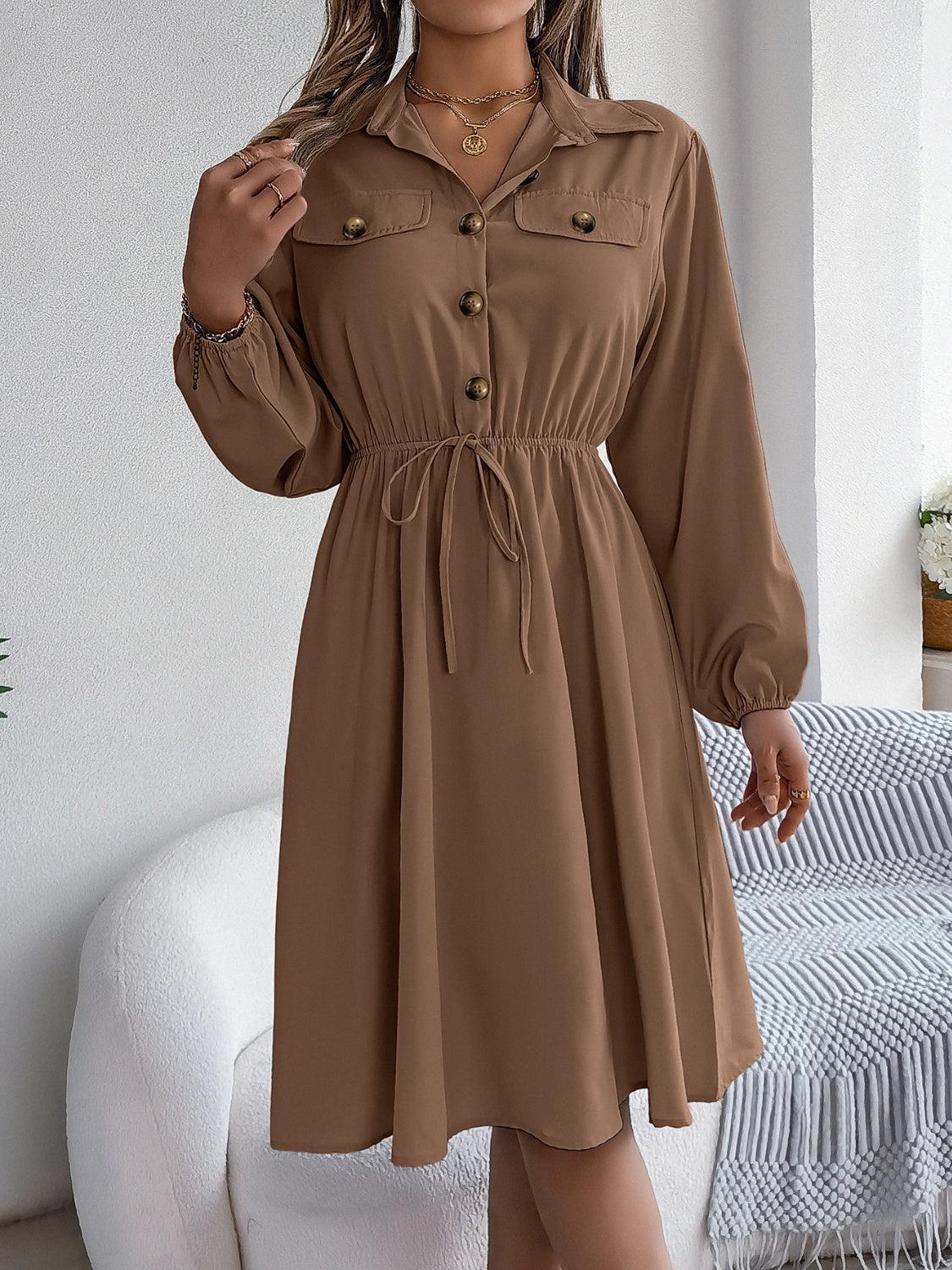 Collared Neck Long Sleeve Dress with Pockets - ClubOn