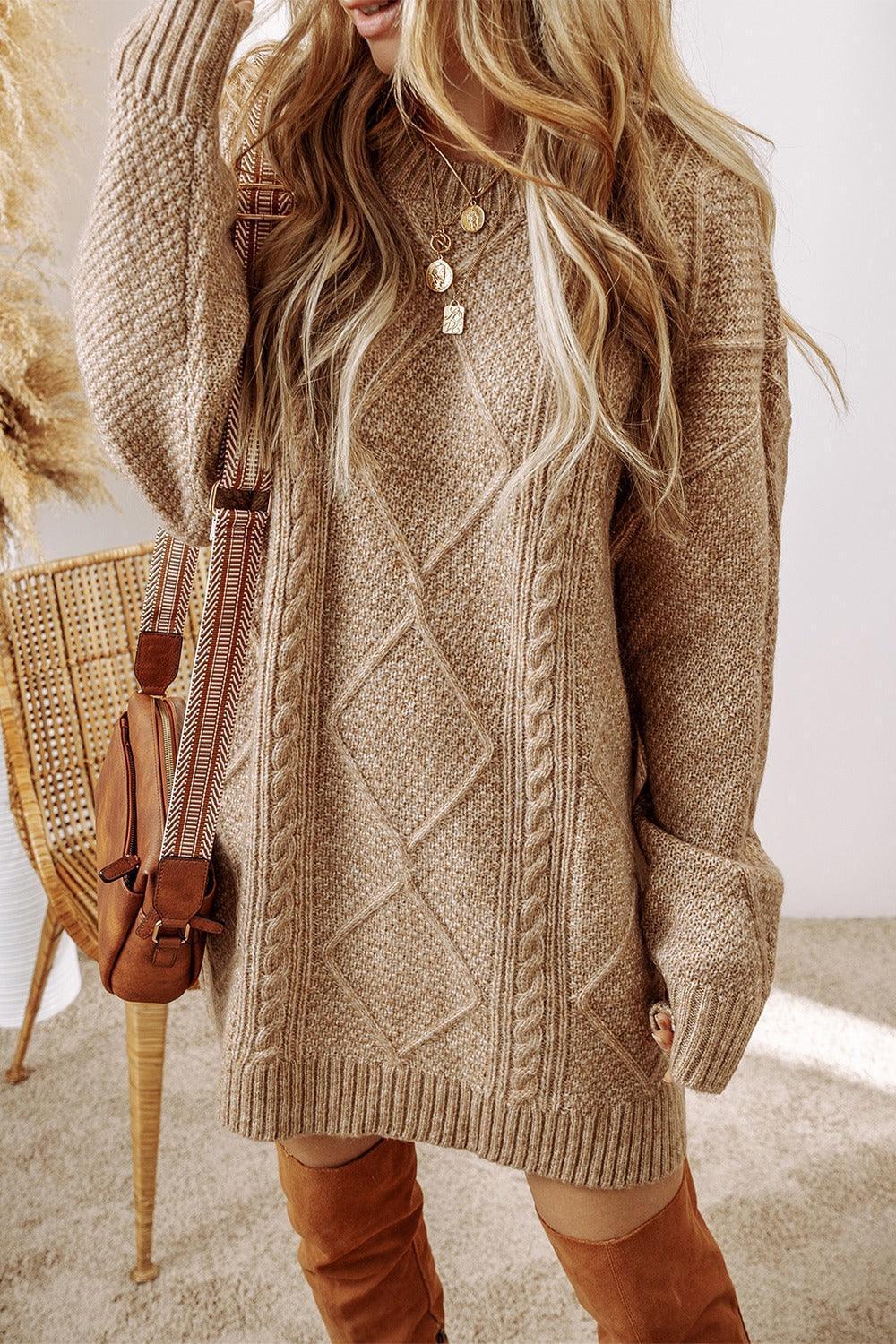 Cable-Knit Round Neck Sweater Dress - ClubOn