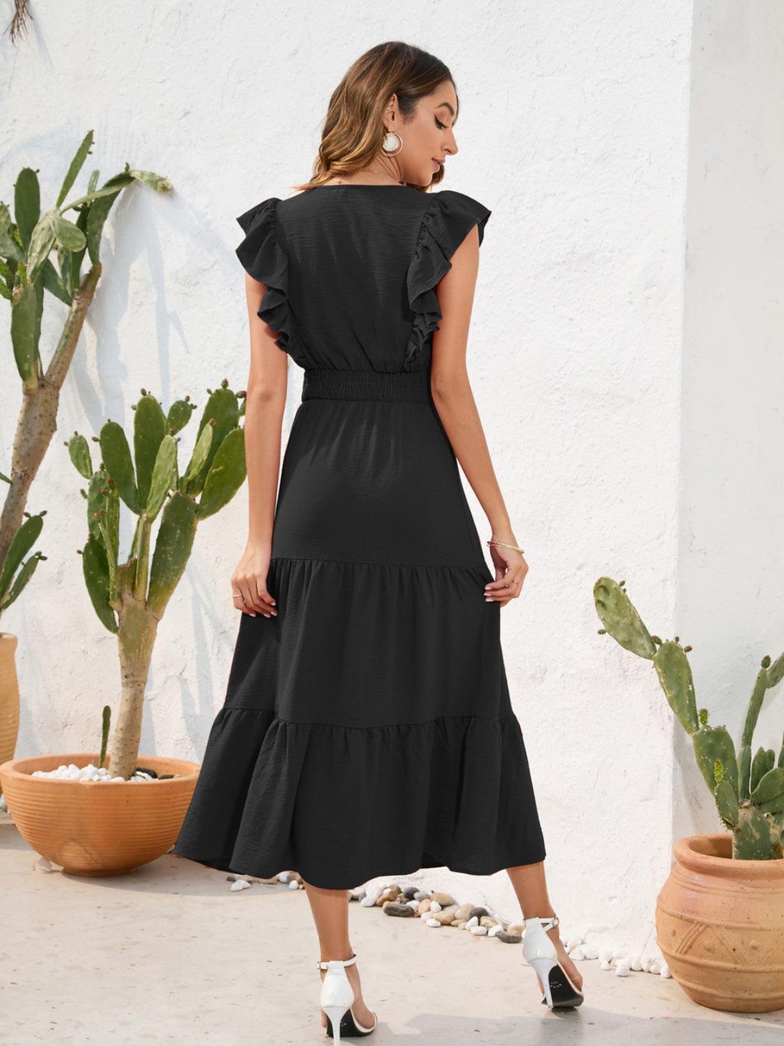 Tiered Ruffled V-Neck Cap Sleeve Dress - ClubOn