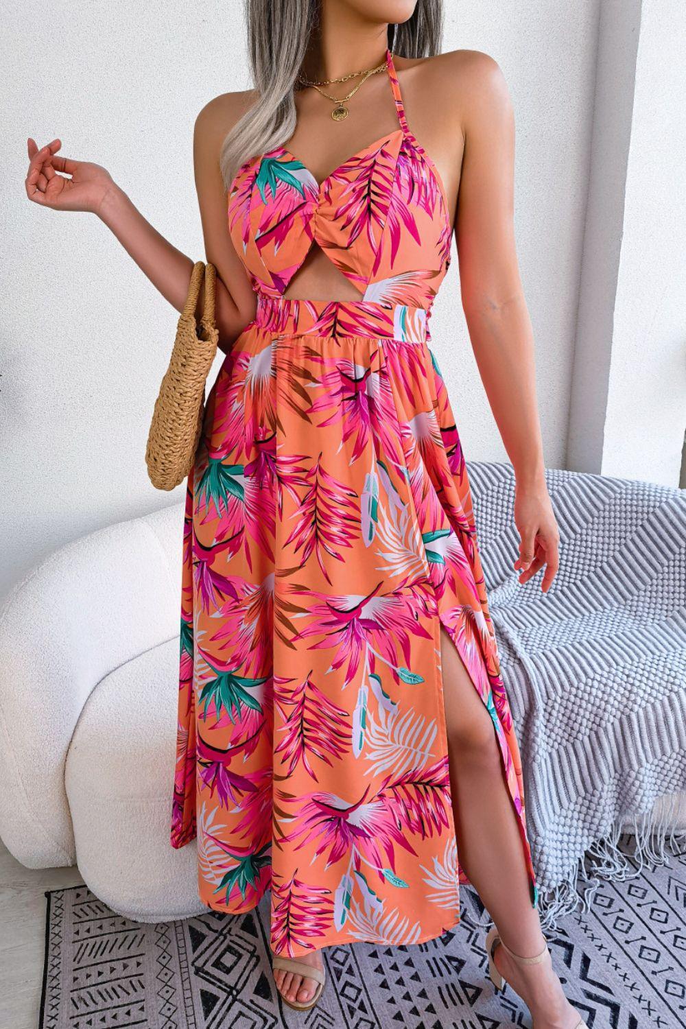 Botanical Print Tied Backless Cutout Slit Dress - ClubOn