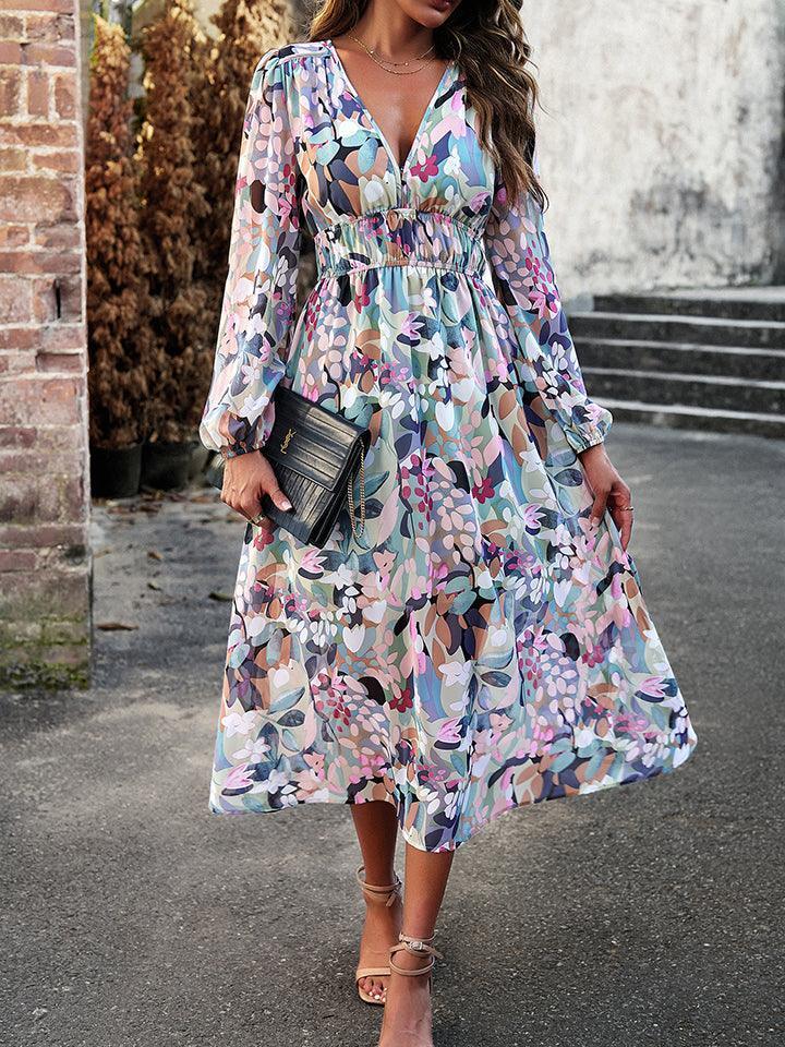 Devine Printed V-Neck Long Sleeve Midi Dress - ClubOn