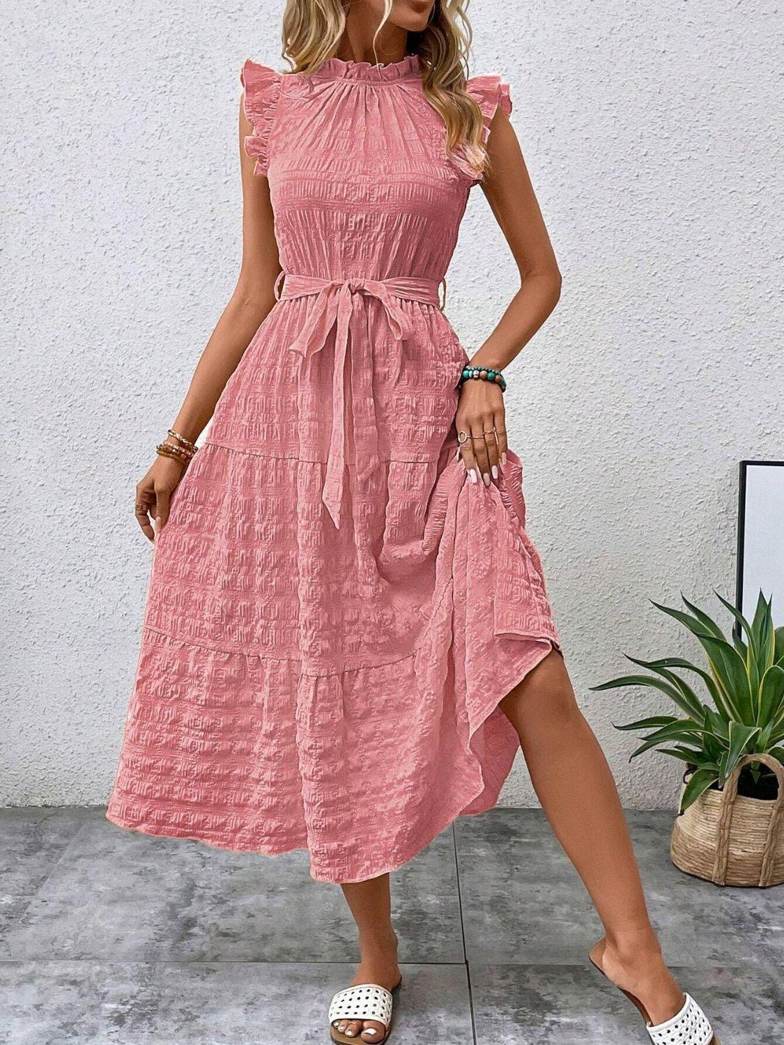 Tied Ruffled Cap Sleeve Midi Dress - ClubOn