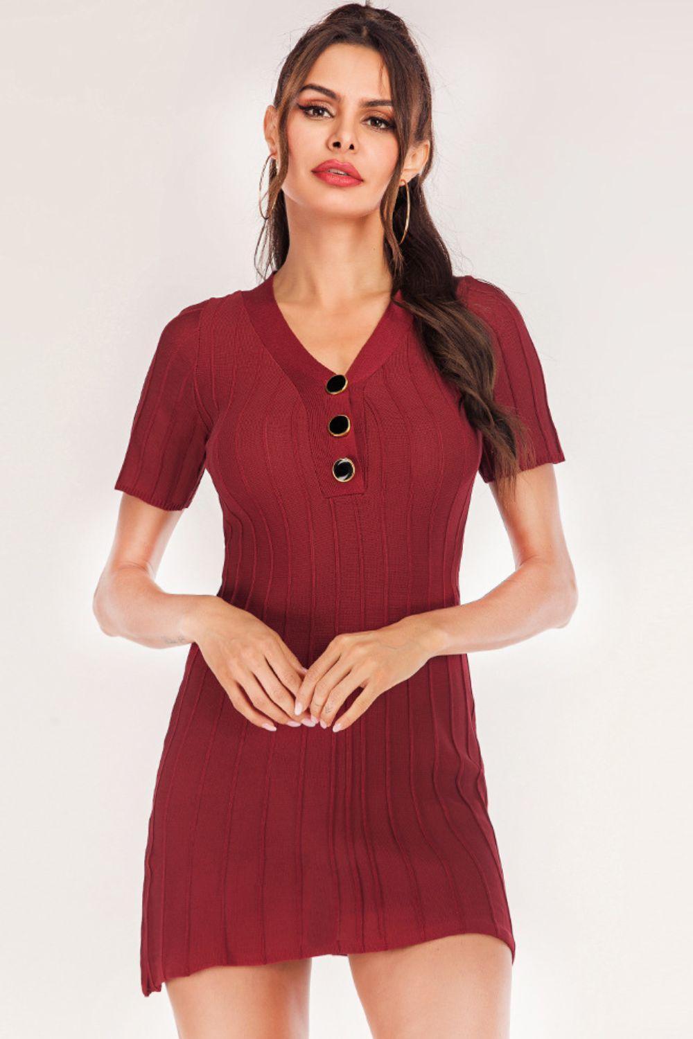 Buttoned Short Sleeve V-Neck Knit Dress - ClubOn