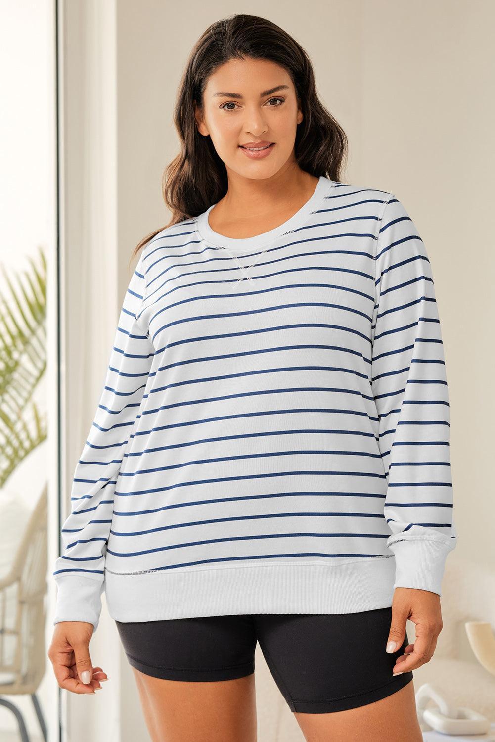 Plus Size Striped Round Neck Long Sleeve T-Shirt - ClubOn
