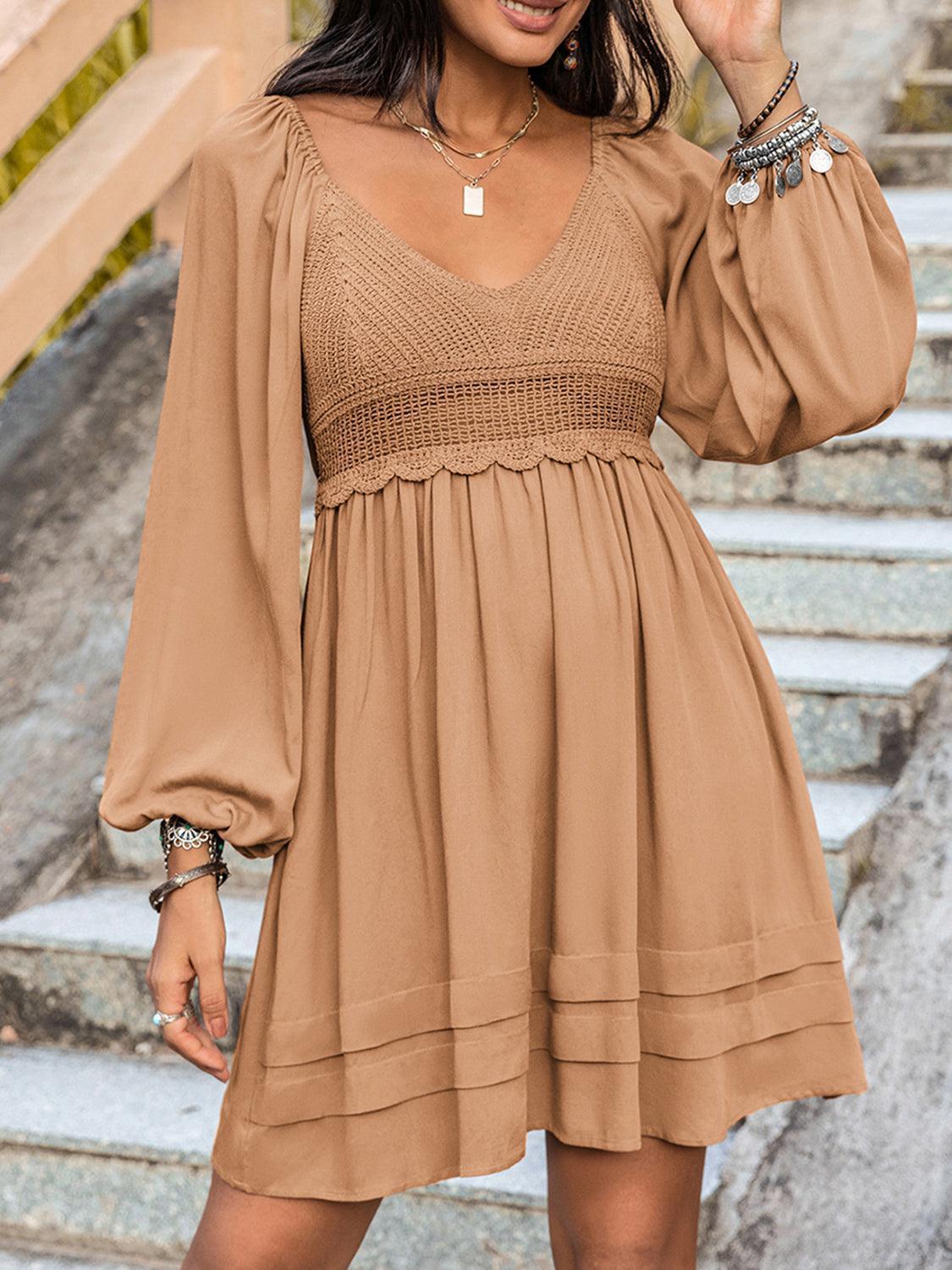 Crochet V-Neck Balloon Sleeve Dress - ClubOn