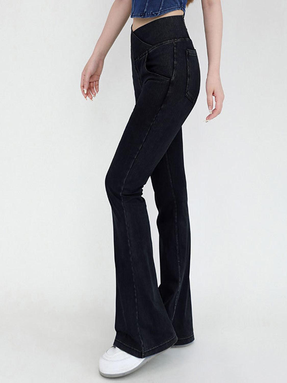 Wide Waistband Bootcut Jeans with Pockets - ClubOn