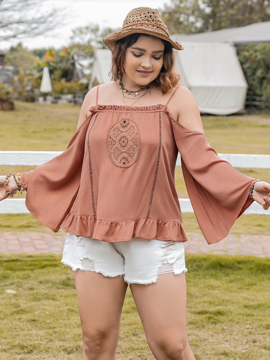 Plus Size Frill Square Neck Long Sleeve Blouse - ClubOn