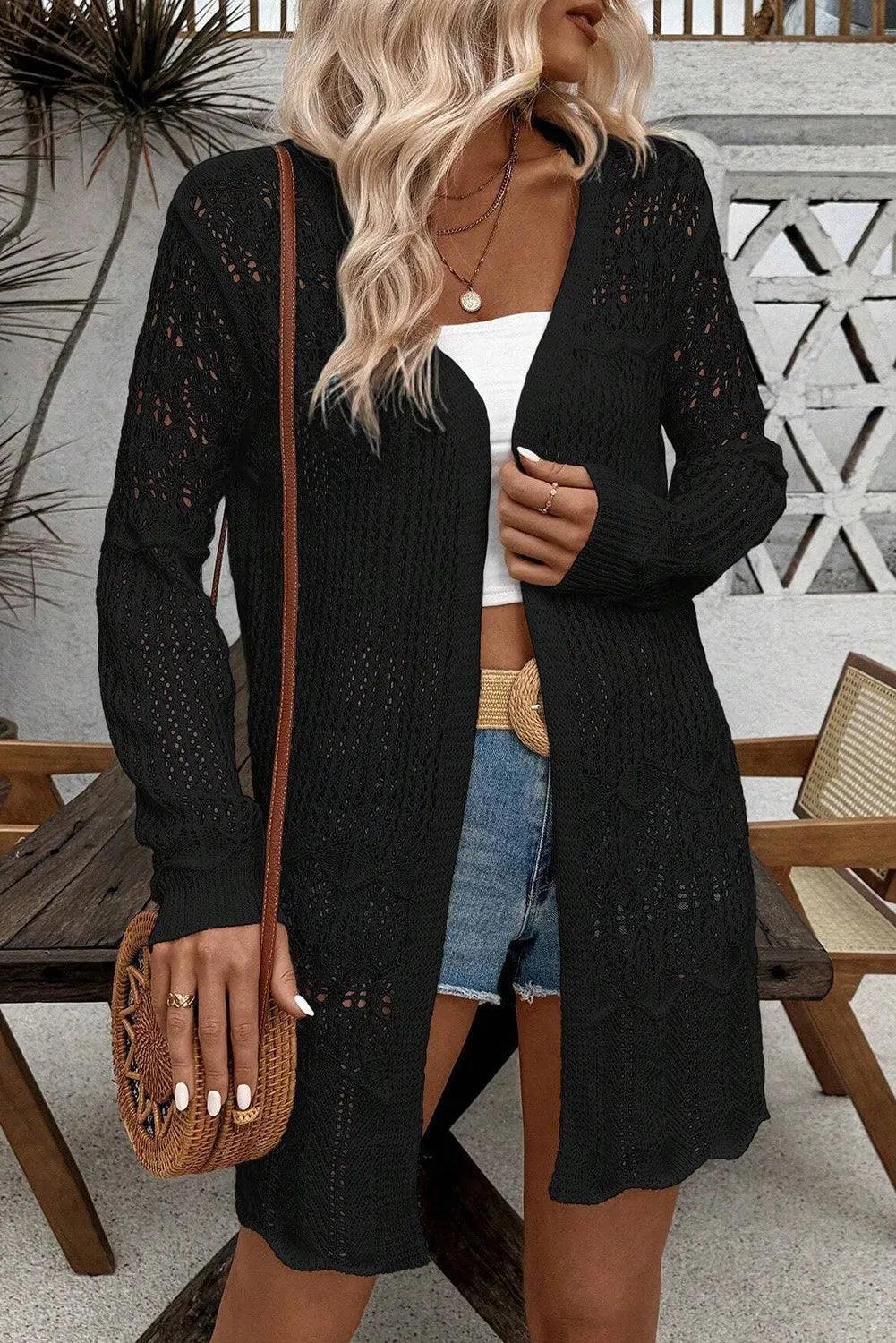 Openwork Open Front Long Sleeve Cardigan - ClubOn