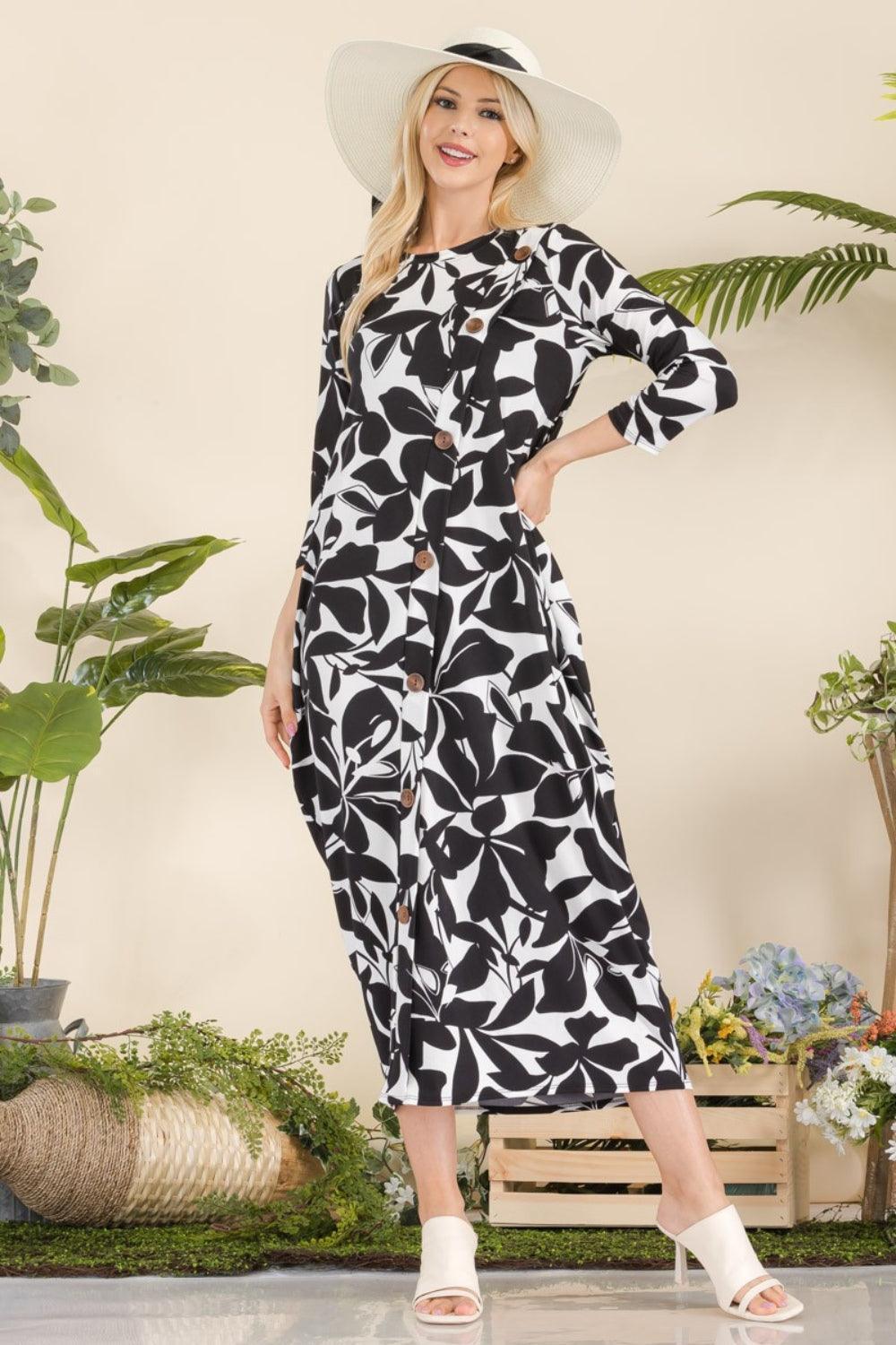 Celeste Full Size Printed Contrast Dress with Pockets - ClubOn