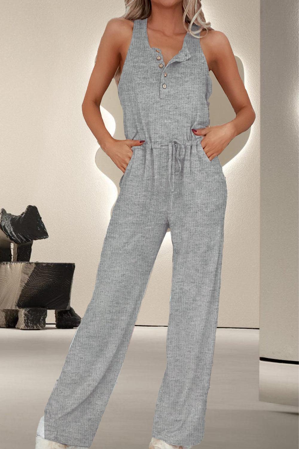 Drawstring Quarter Button Wide Strap Jumpsuit - ClubOn
