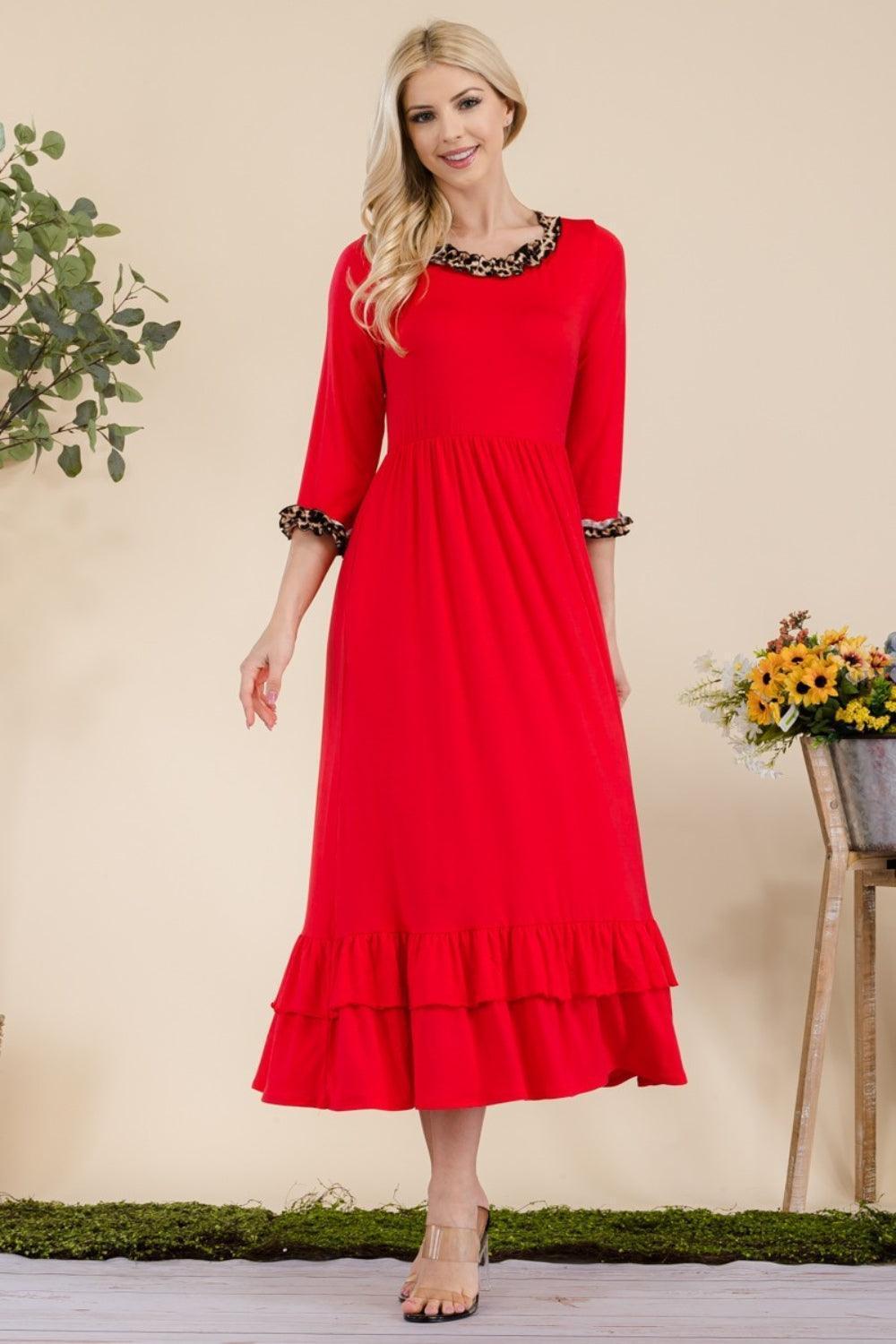 Celeste Full Size Leopard Ruffle Detail Midi Dress - ClubOn