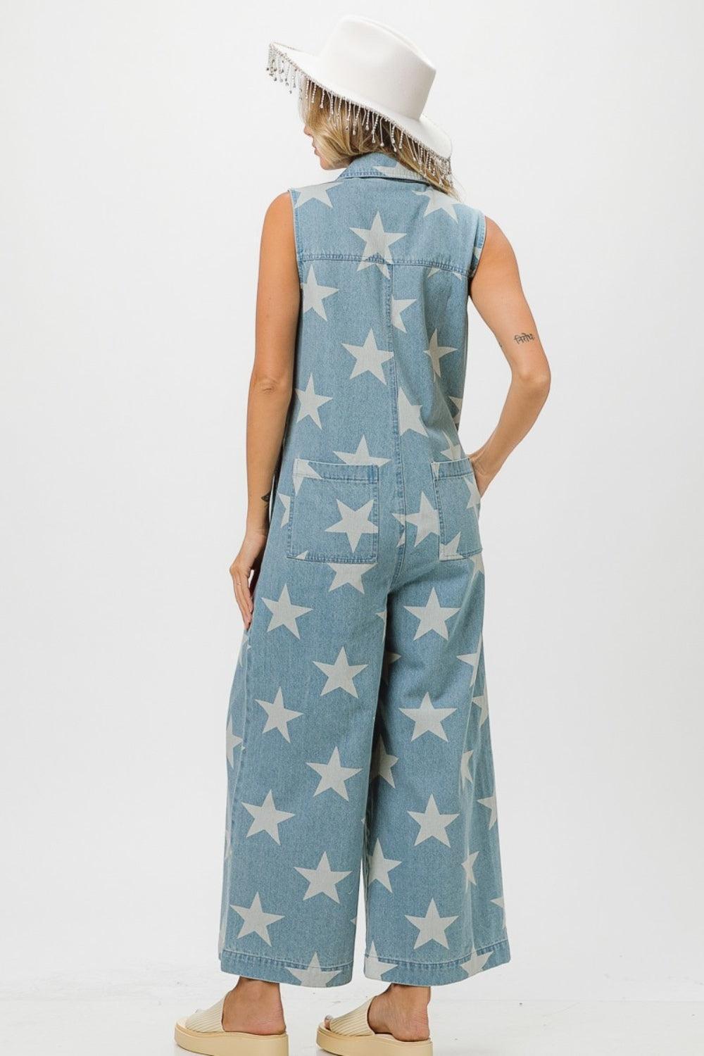 BiBi Star Print Half Zip Sleeveless Denim Jumpsuit - ClubOn