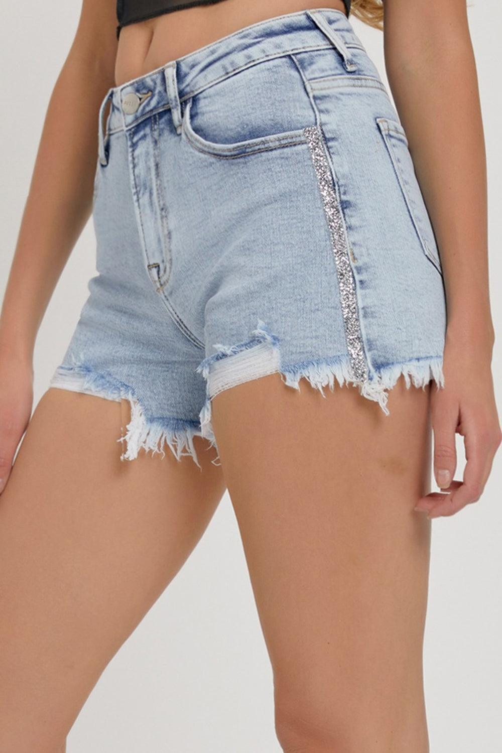 RISEN Full Size High Rise Rhinestone Strap Embellished Denim Shorts - ClubOn