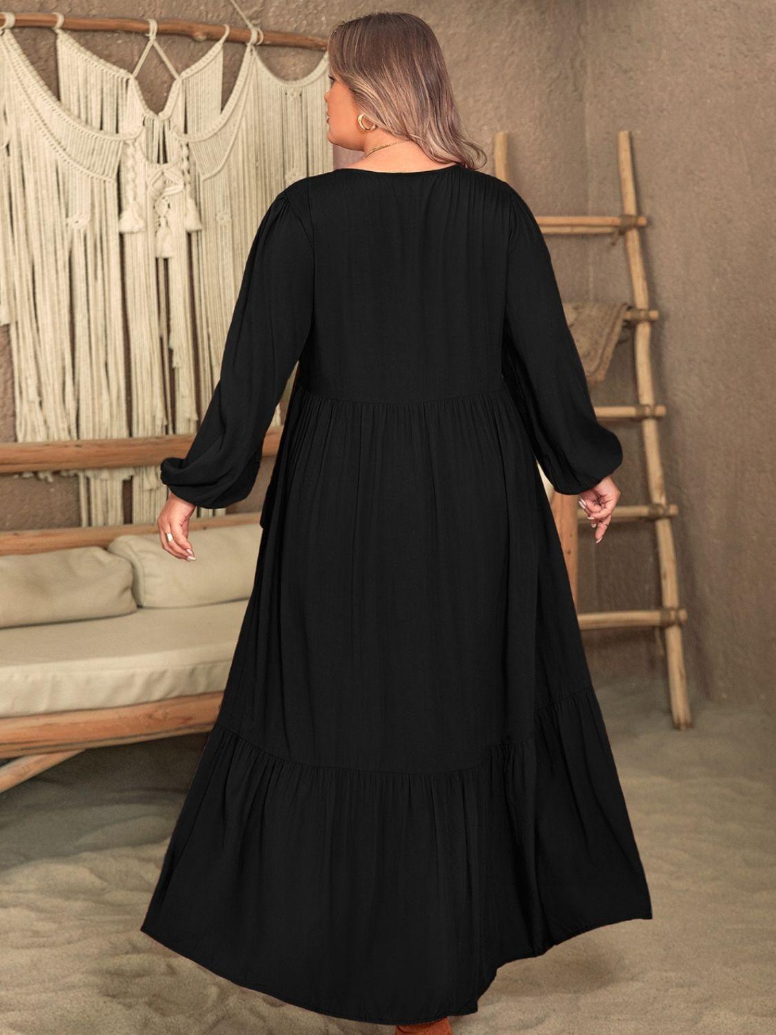 Plus Size Ruffled V-Neck Long Sleeve Dress - ClubOn