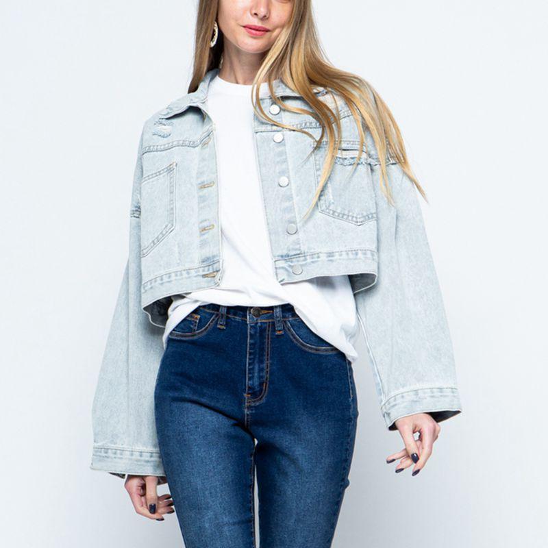 Cropped Collared Neck Dropped Shoulder Denim Jacket - ClubOn