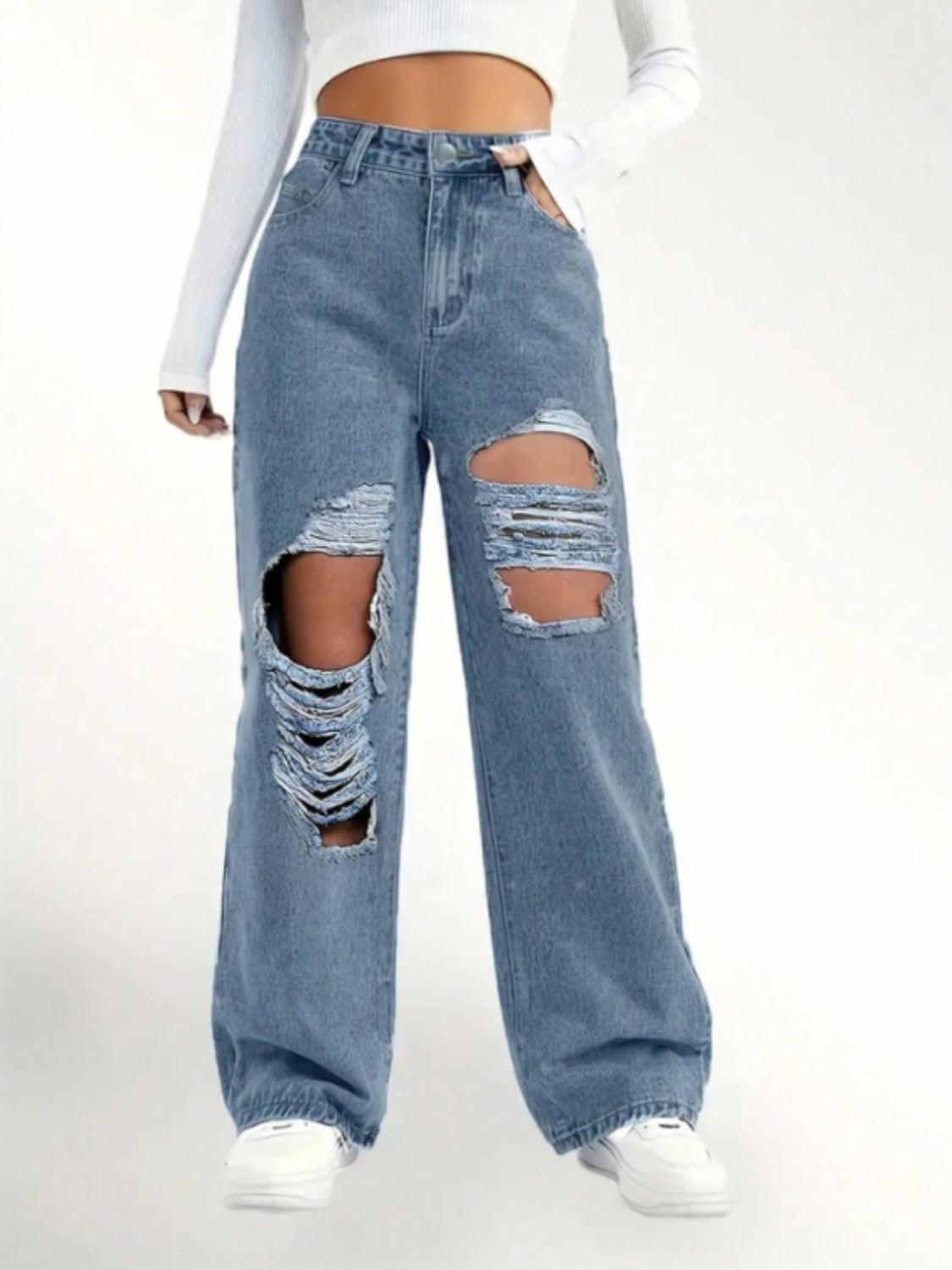 Distressed Wide Leg Jeans - ClubOn