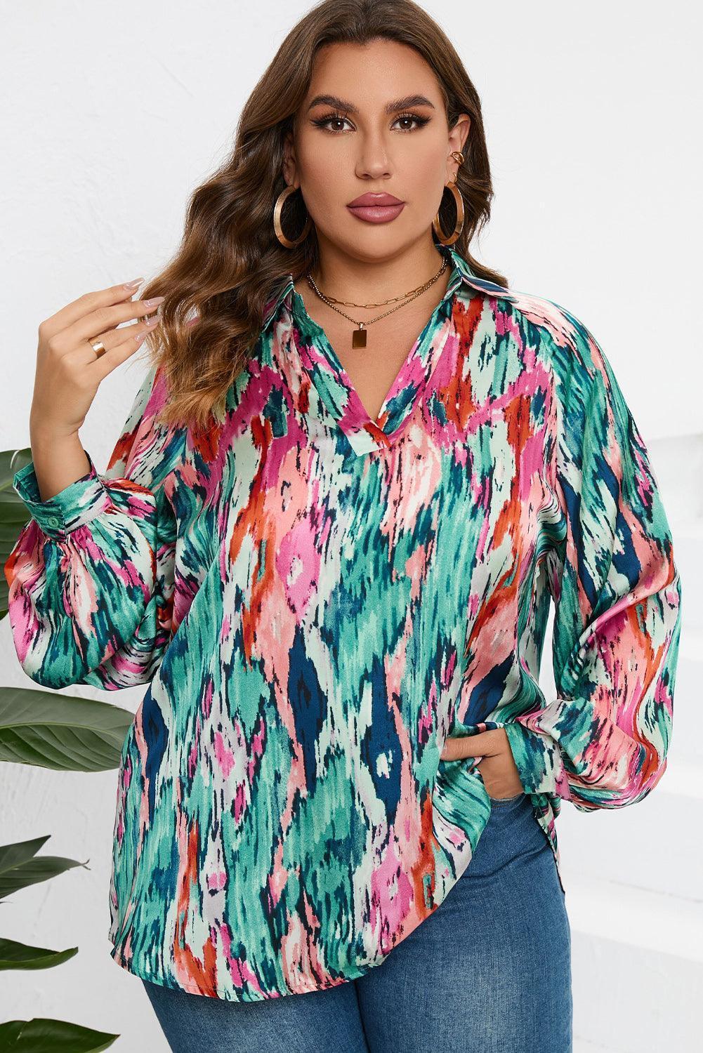 Plus Size Printed Johnny Collar Long Sleeve Blouse - ClubOn