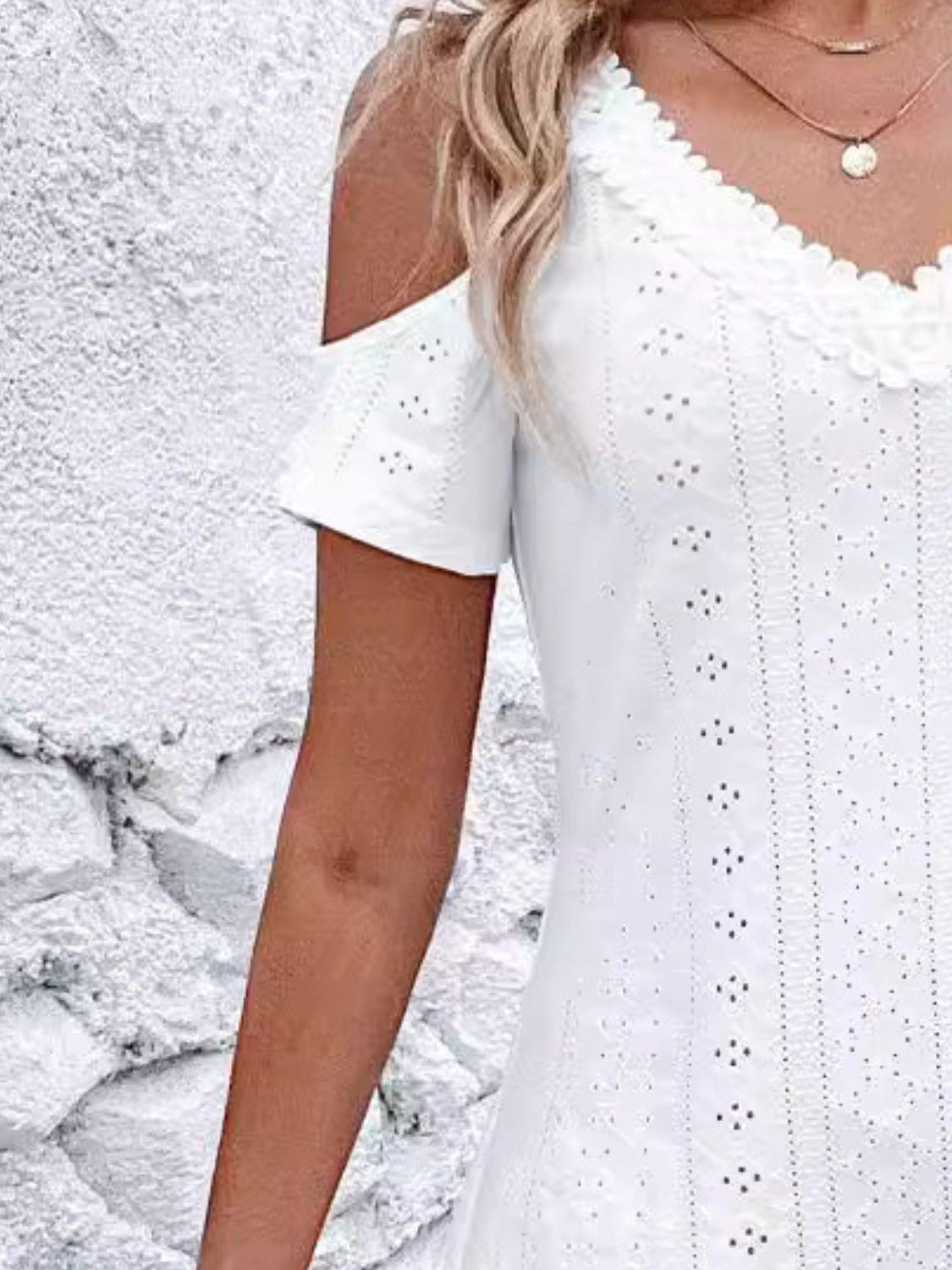 Eyelet V-Neck Cold Shoulder Mini Dress - ClubOn