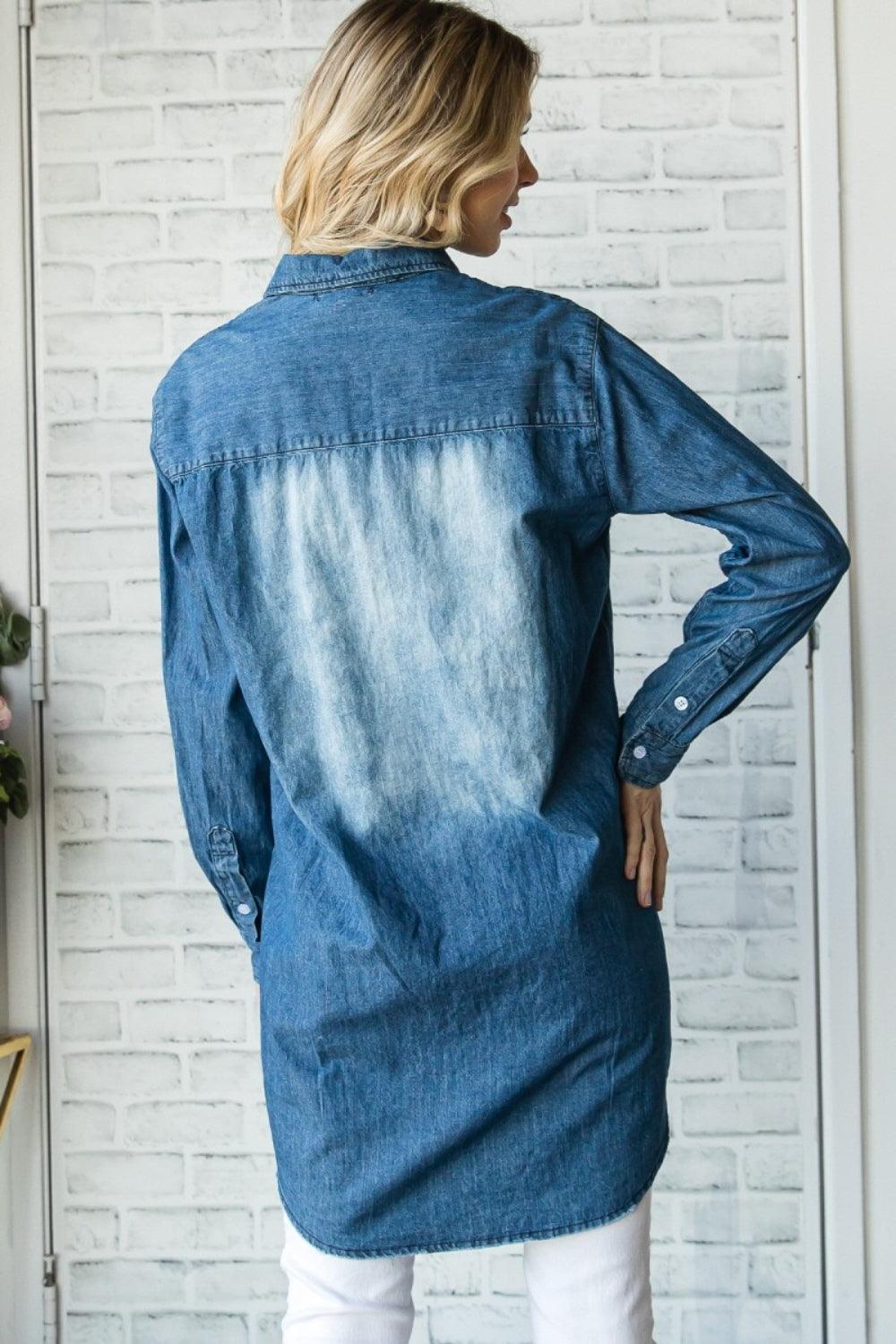 Veveret Pocketed Button Up Washed Denim Shirt - ClubOn