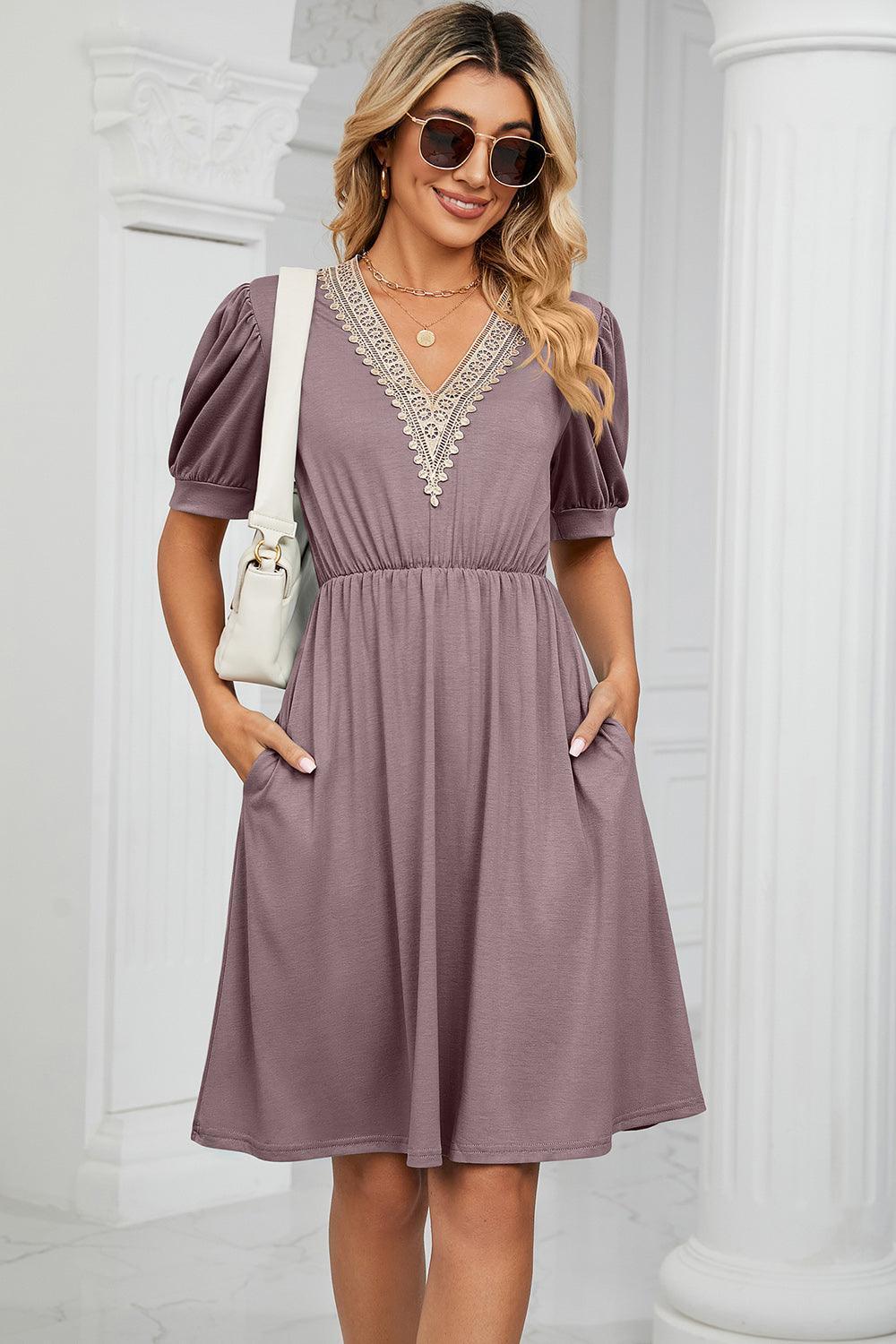 V-Neck Puff Sleeve Dress - ClubOn
