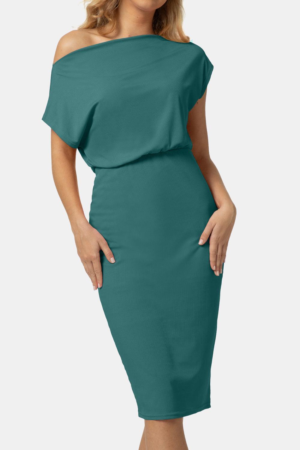 Boat Neck Short Sleeve Knee-Length Dress - ClubOn