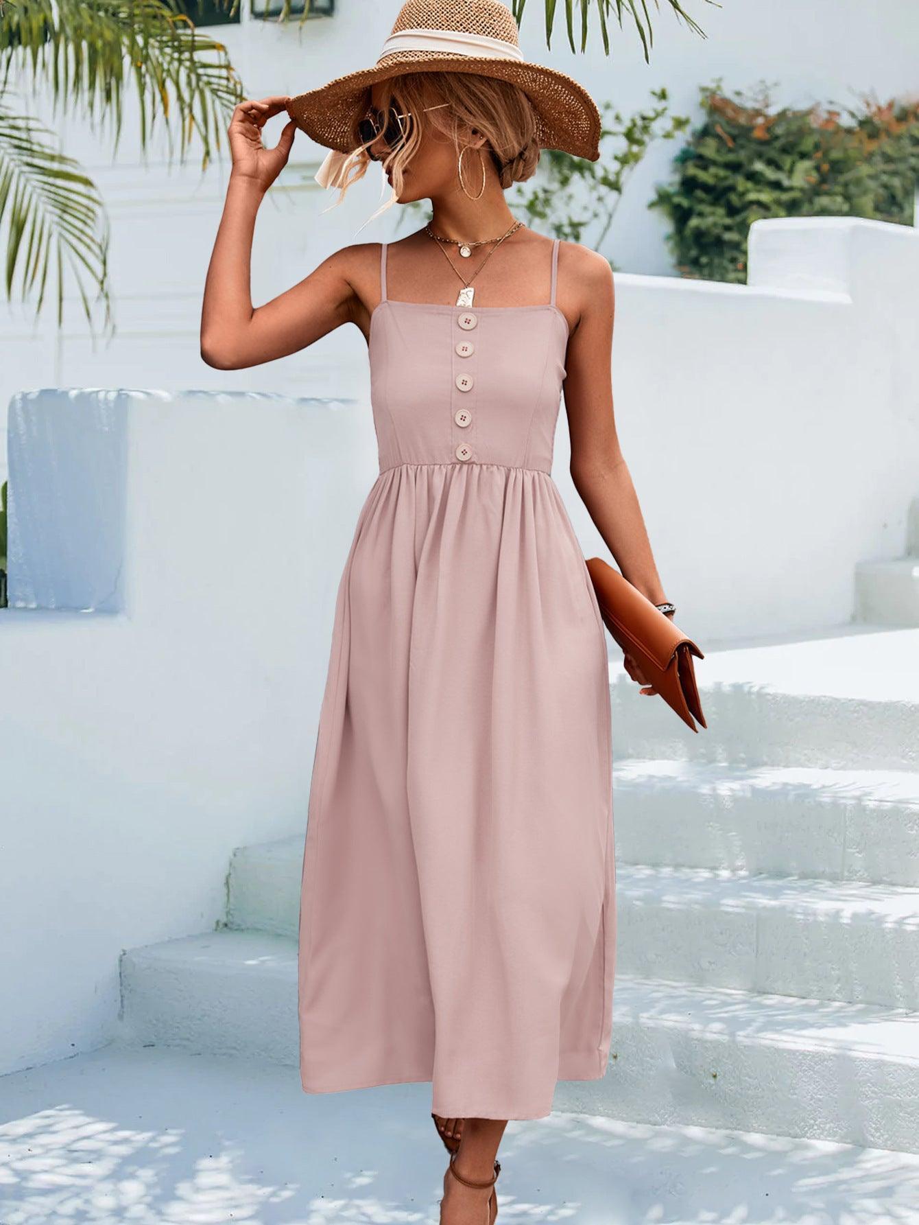 Decorative Button Spaghetti Strap Midi Dress - ClubOn
