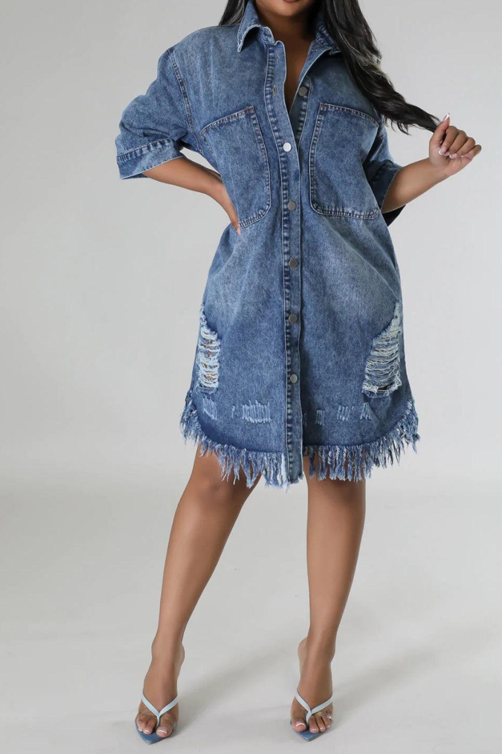 Distressed Raw Hem Button Up Denim Dress - ClubOn