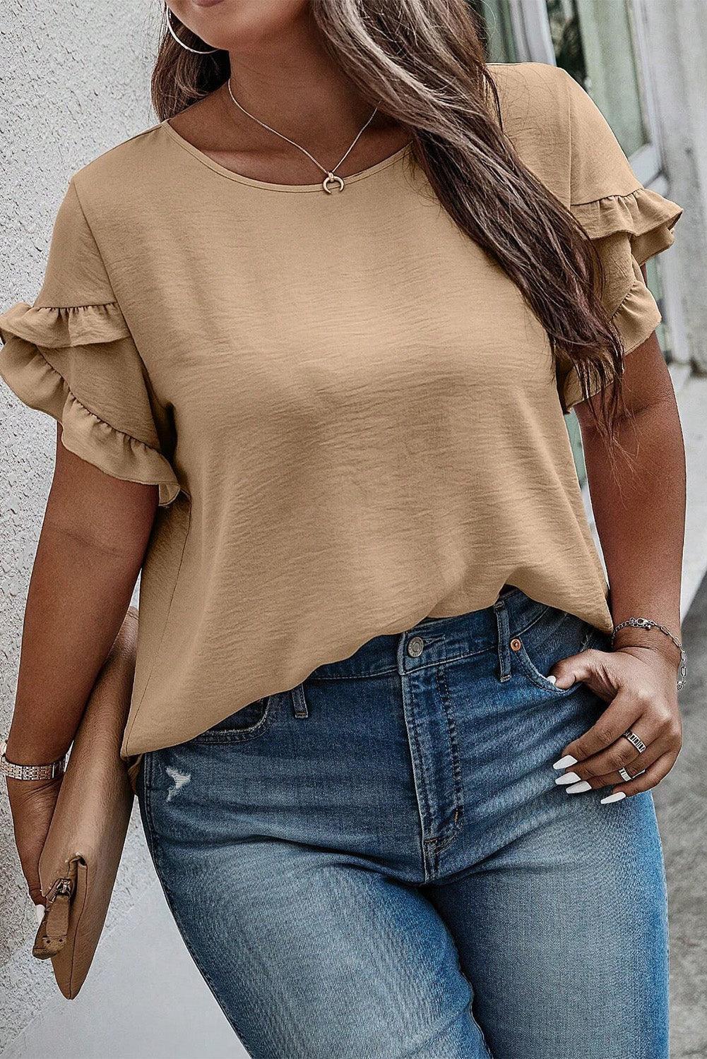 Plus Size Ruffled Petal Sleeve Round Neck T-Shirt - ClubOn