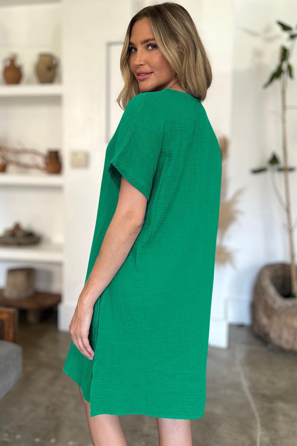 FAM-FAM Slit Notched Short Sleeve Mini Dress - ClubOn