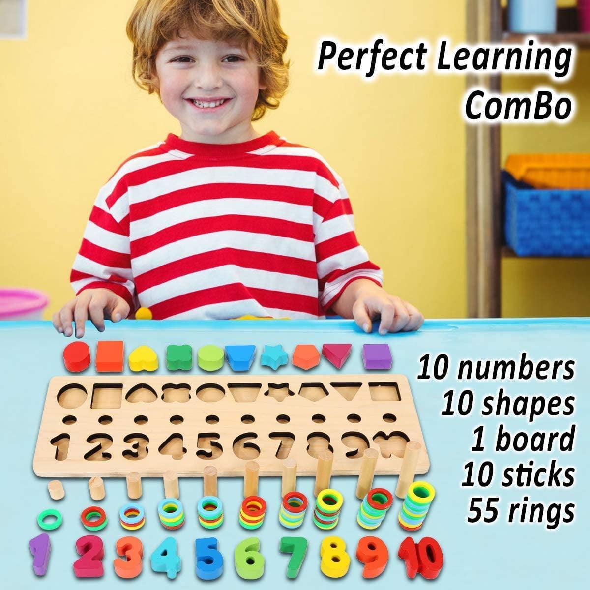 Educational Montessori Toys for Toddlers, Wooden Puzzles & Blocks, Shape Sorter & Math Game for Ages 3-5 - ClubOn