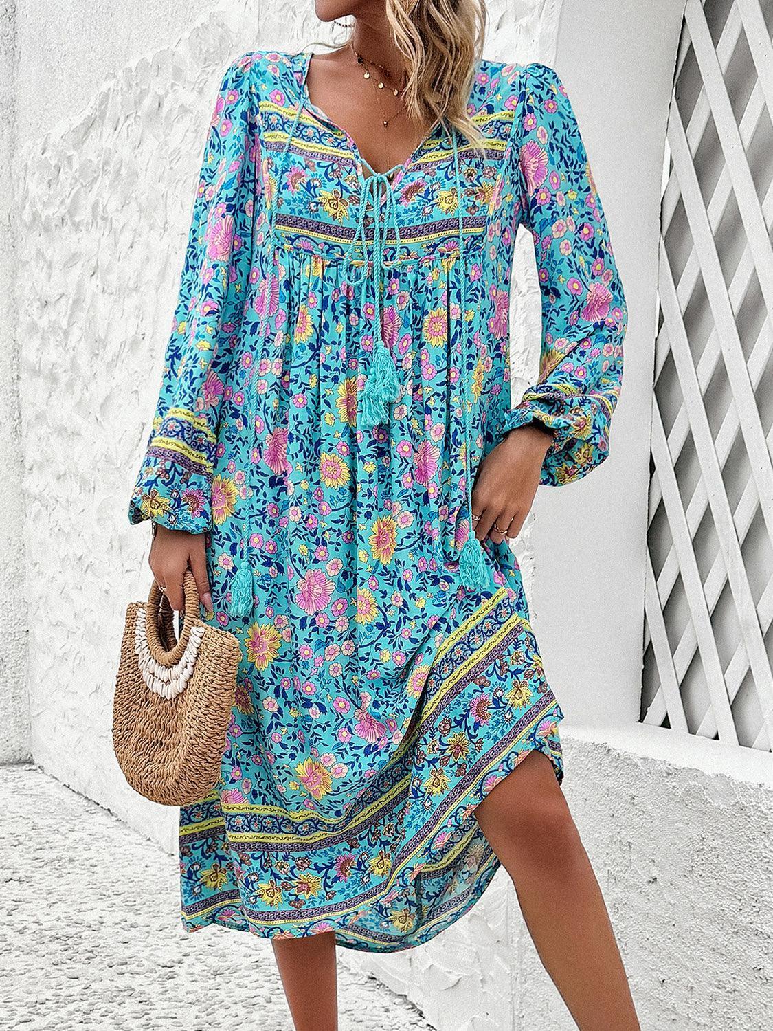 Devine Tassel Tied Printed Long Sleeve Dress - ClubOn