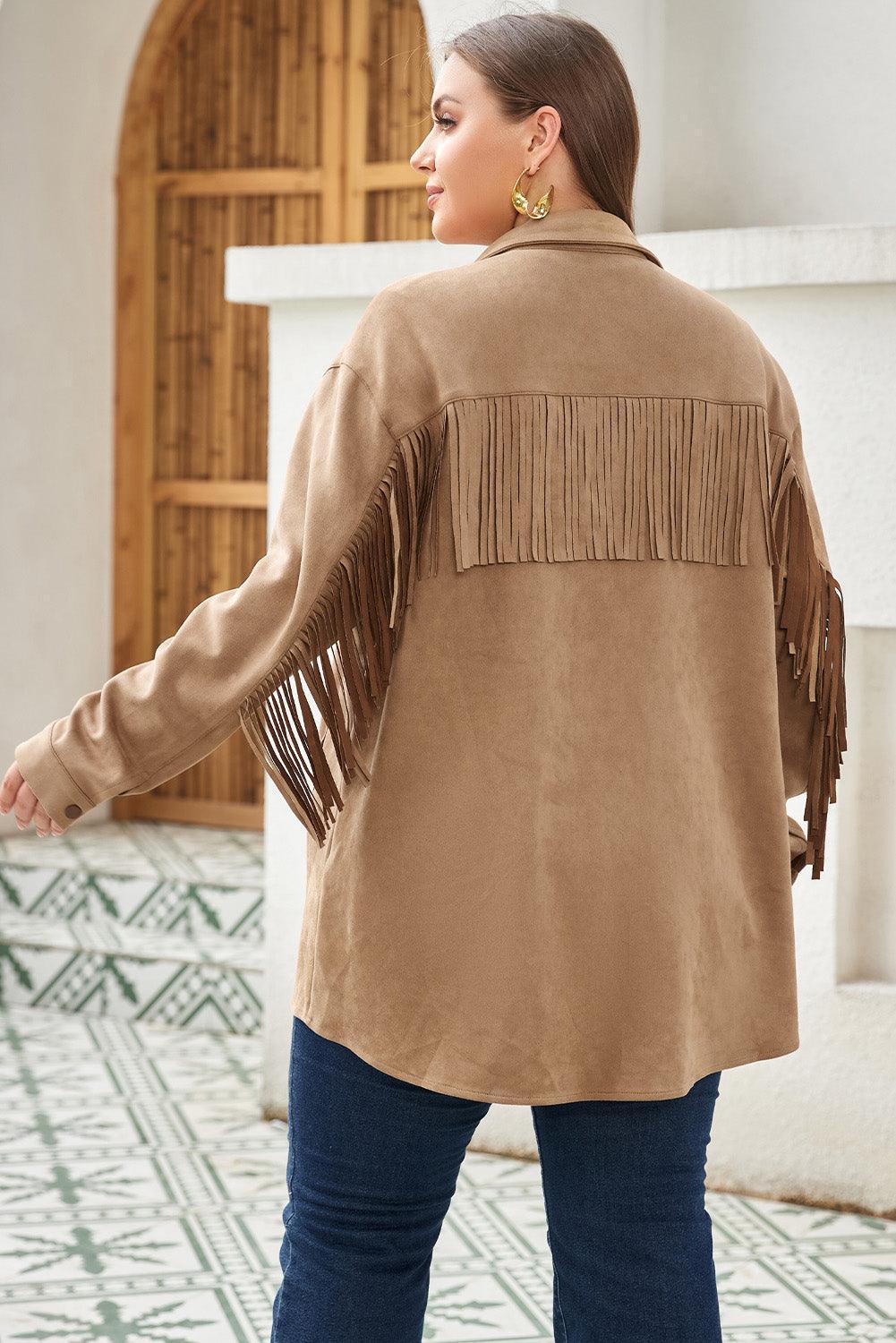 Plus Size Fringe Trim Snap Down Long Sleeve Shacket - ClubOn