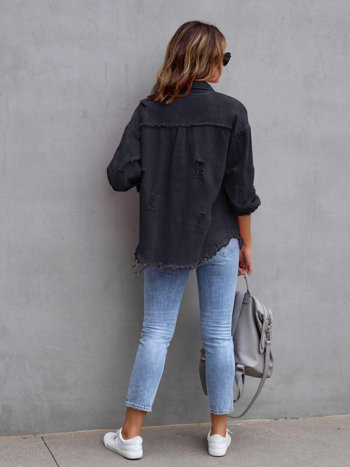 Distressed Drop Shoulder Denim Jacket - ClubOn