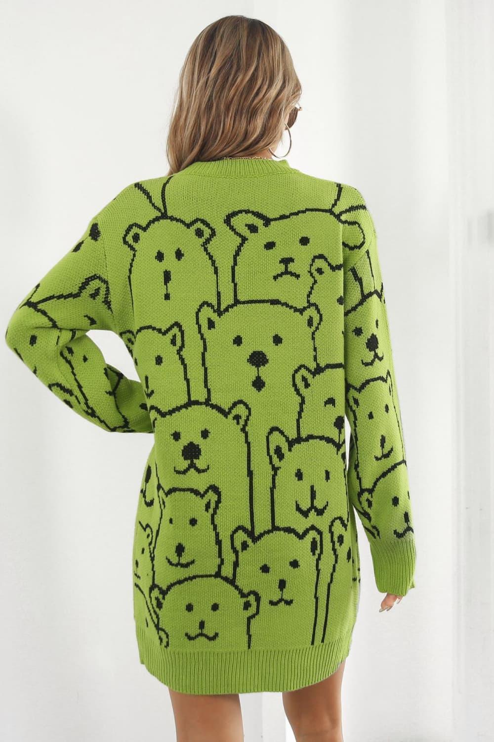 Bear Pattern Round Neck Sweater Dress - ClubOn