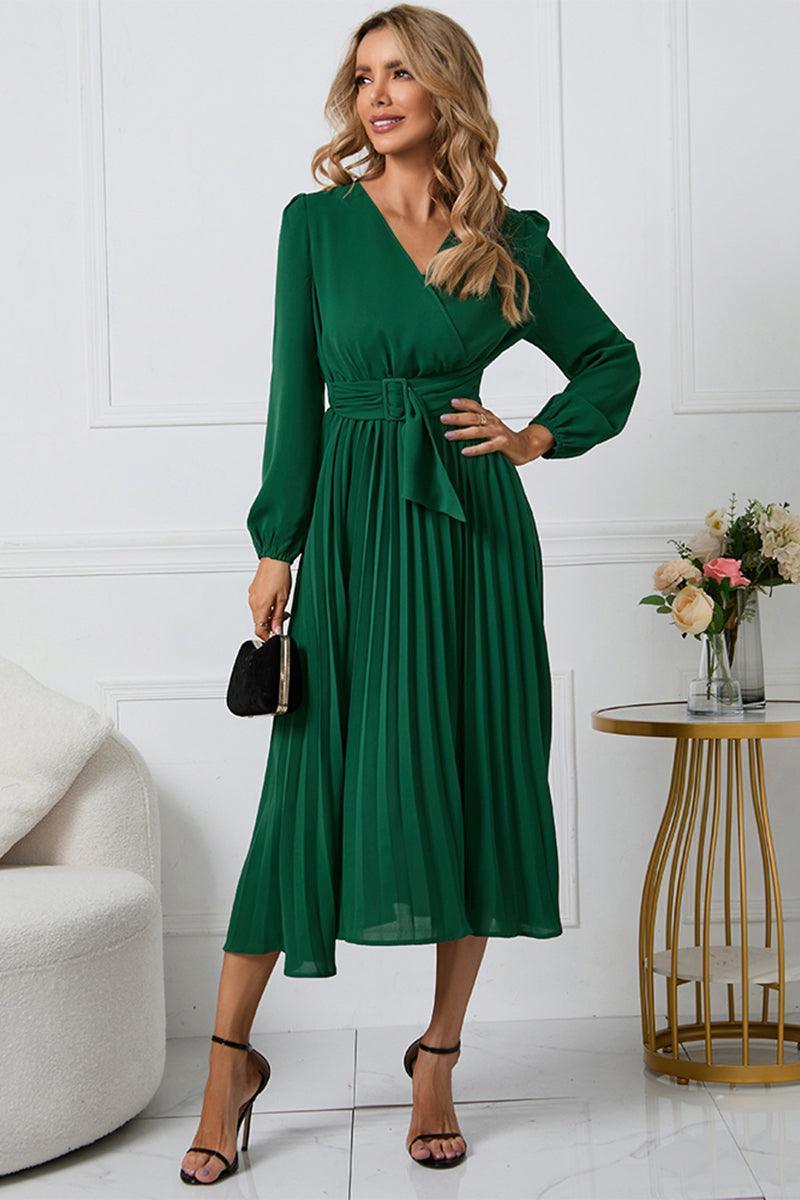 V-Neck Long Sleeve Tie Waist Midi Dress - ClubOn