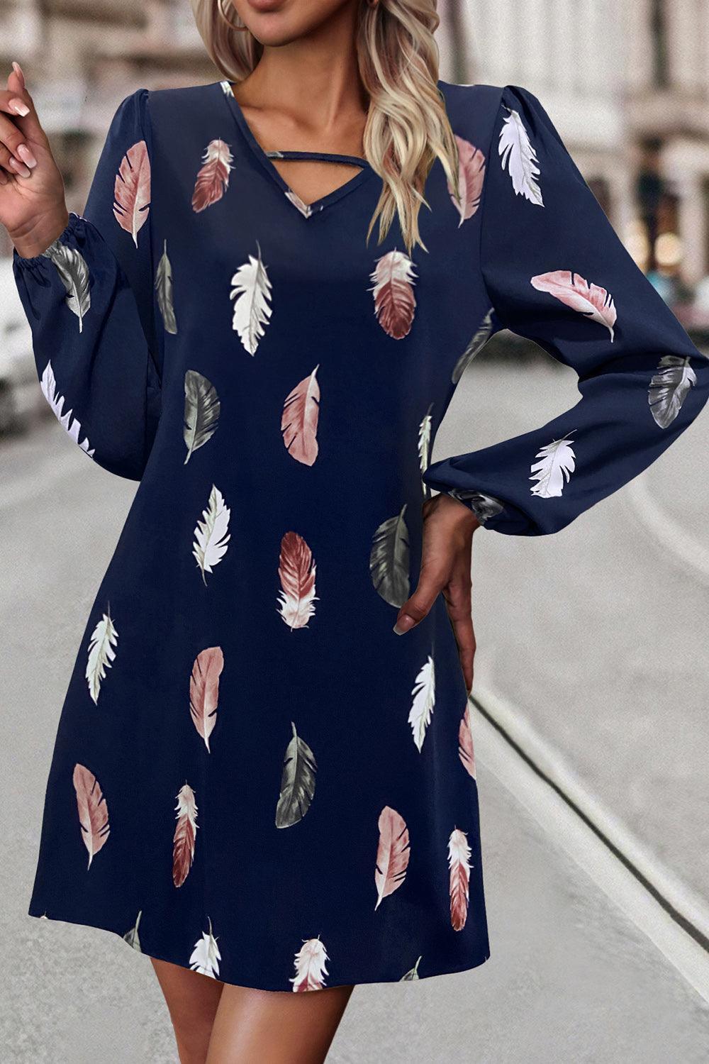 Feather Print V-Neck Dress - ClubOn