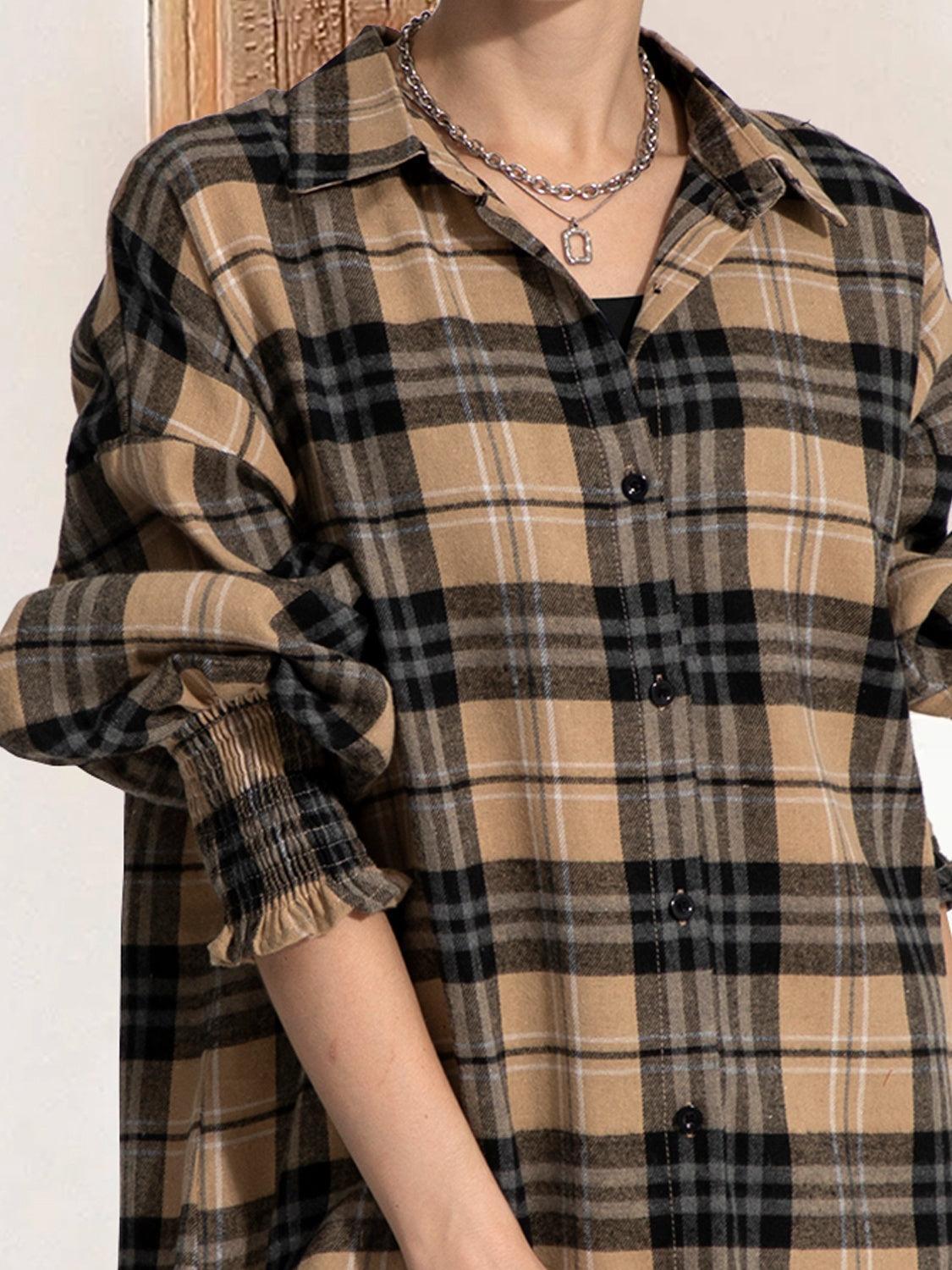 FAM-FAM Button Up Plaid Long Sleeve Shirt Dress - ClubOn