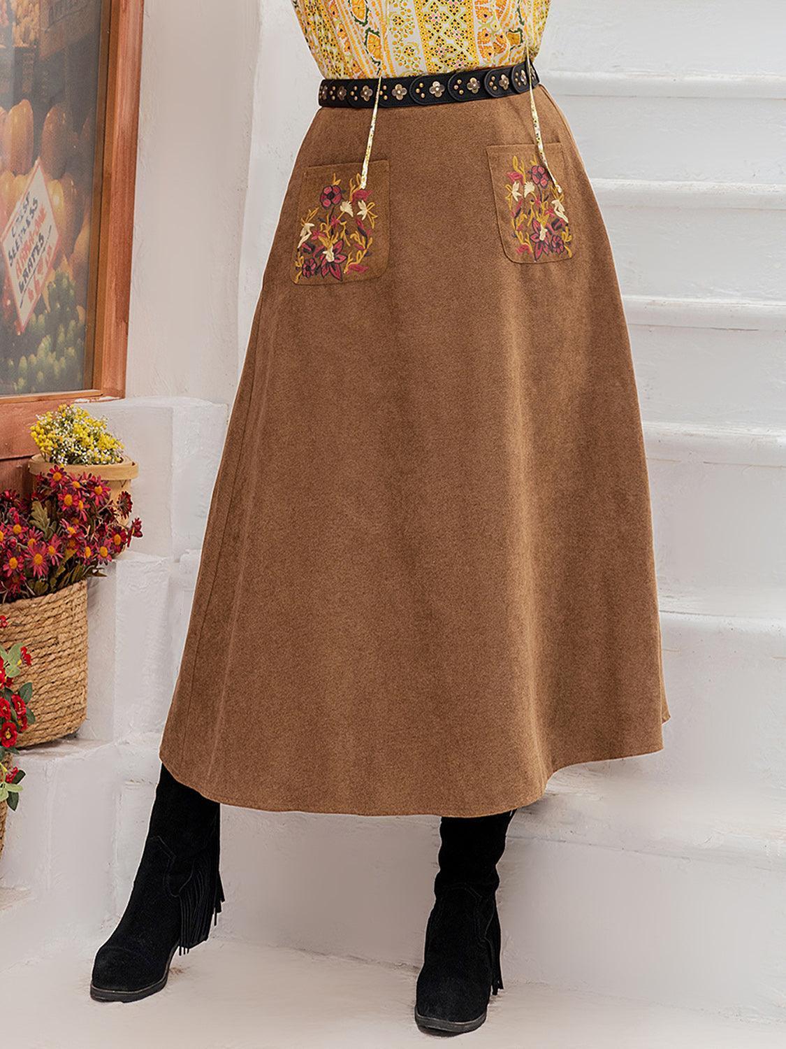 Plus Size Embroidered Pocketed High Waist Skirt - ClubOn