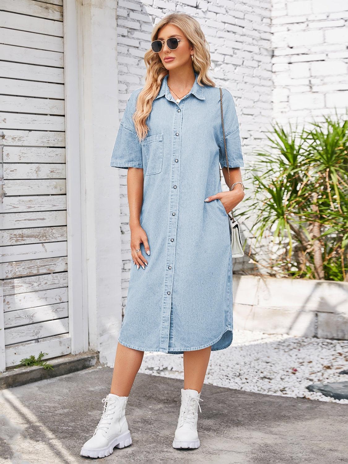 Button Up Dropped Shoulder Denim Dress - ClubOn