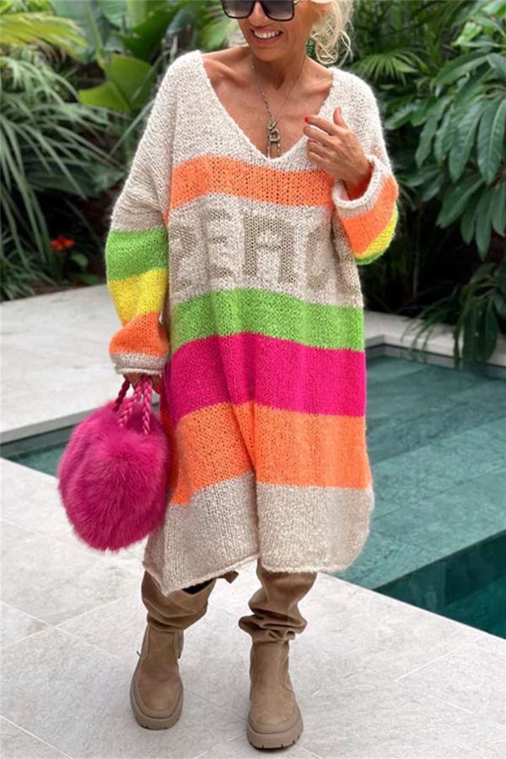 Color Block V-Neck Long Sleeve Sweater Dress - ClubOn