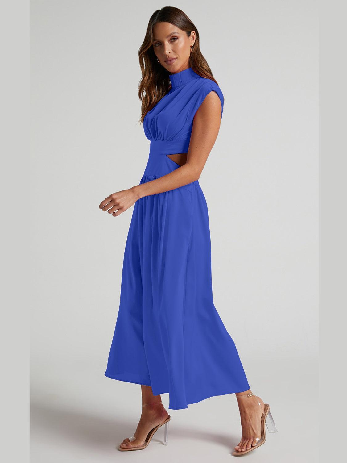 Cutout Mock Neck Sleeveless Ruched Dress - ClubOn