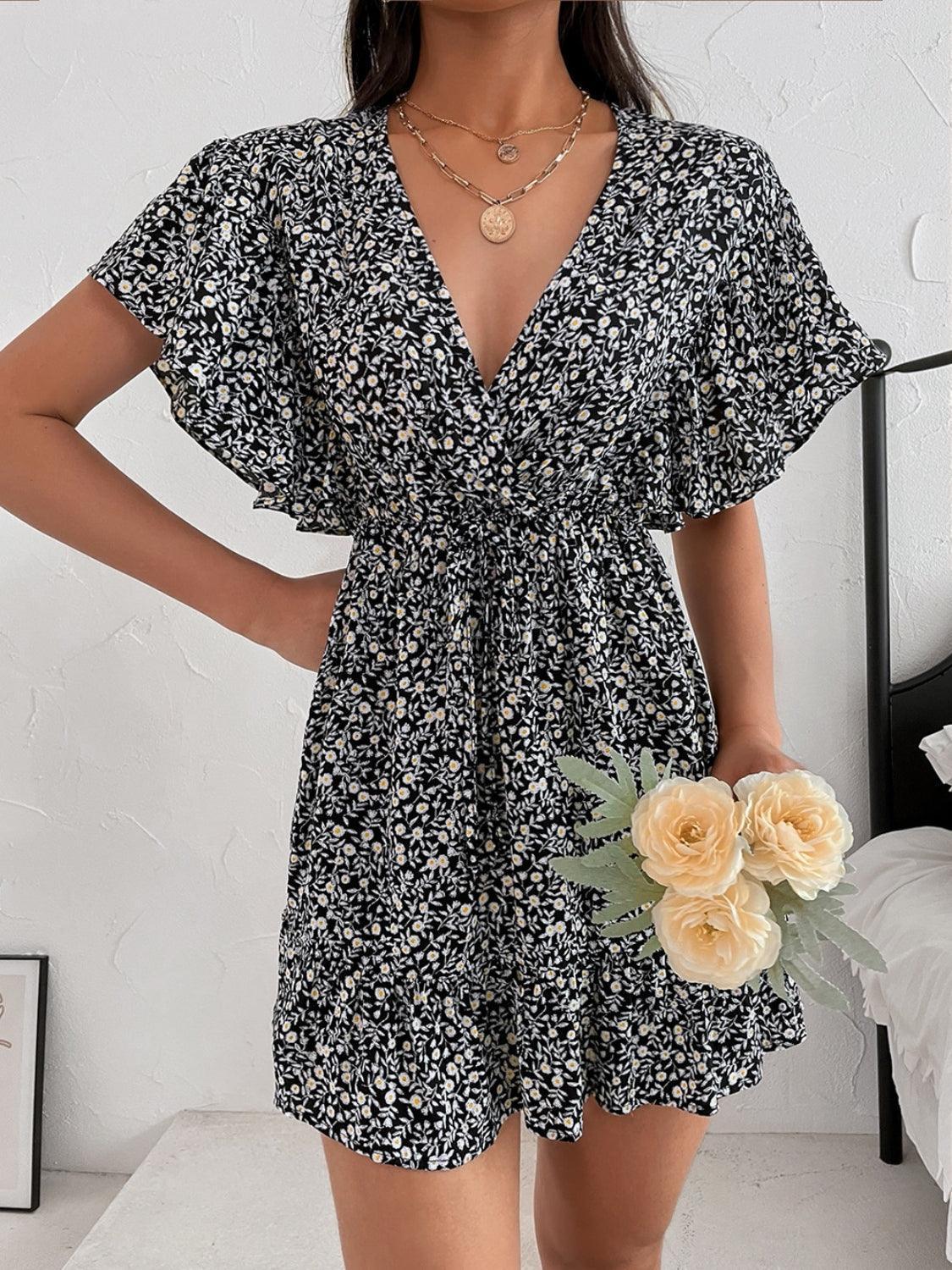Cutout Ditsy Floral Surplice Flounce Sleeve Dress - ClubOn