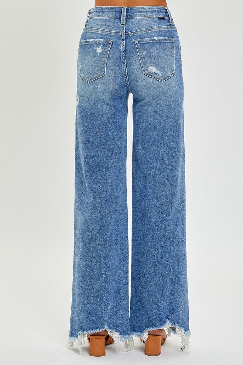 RISEN Full Size High Rise Frayed Hem Wide Leg Jeans - ClubOn