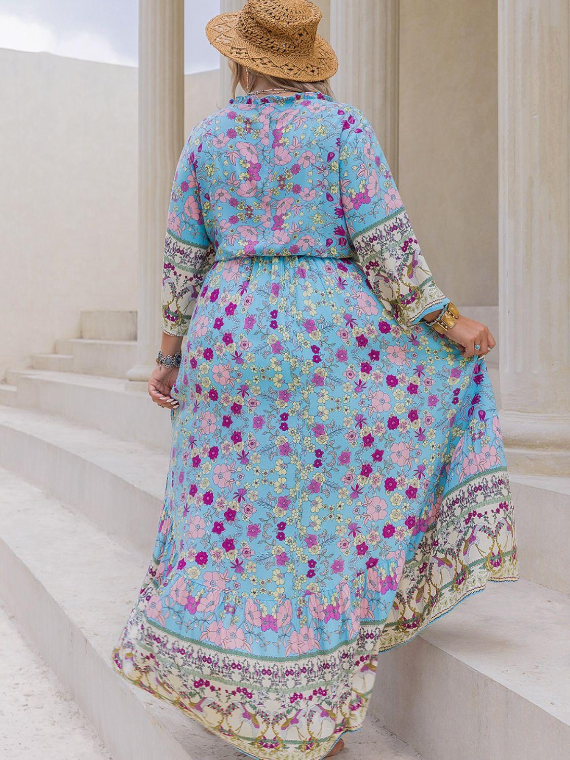 Plus Size Printed Tie Neck Top and Skirt Set - ClubOn