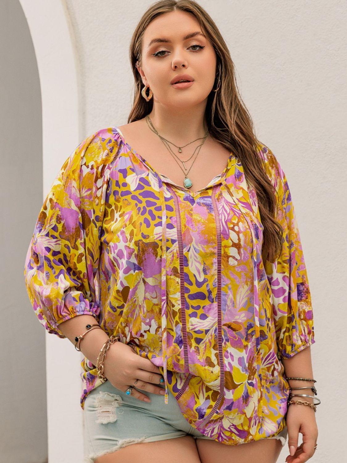 Plus Size Printed Tie Neck Blouse - ClubOn